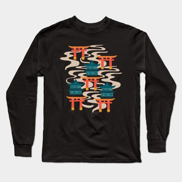 EDO Traditional Japanese Castles and Oriental Japan Torii Gates with Flowing River in Rainbow Palette Turquoise Orange Teal Yellow - UnBlink Studio by Jackie Tahara Long Sleeve T-Shirt by UnBlink Studio by Jackie Tahara